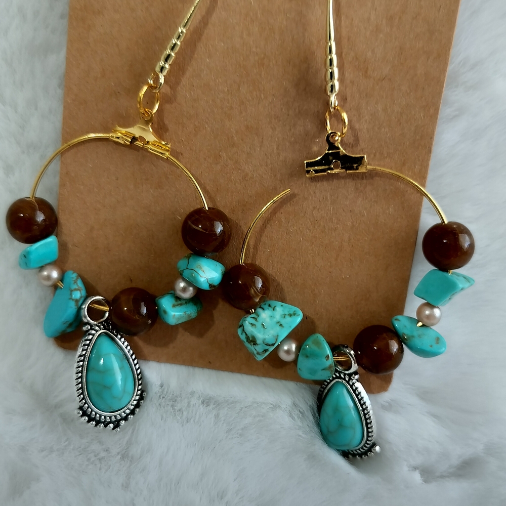 Turquoise and Brown Beaded Hoop Earrings